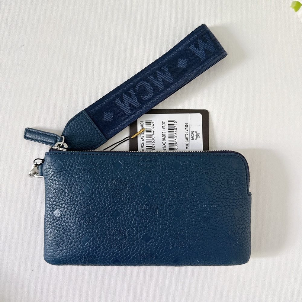 MCM Navy Blue Leather Wristlet with Logo Webbing Strap - Picture 2 of 7